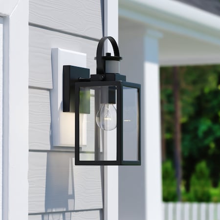 Vaxcel Medinah 1 Light Black Motion Sensor Dusk to Dawn Outdoor Wall Lantern Clear Glass T0602